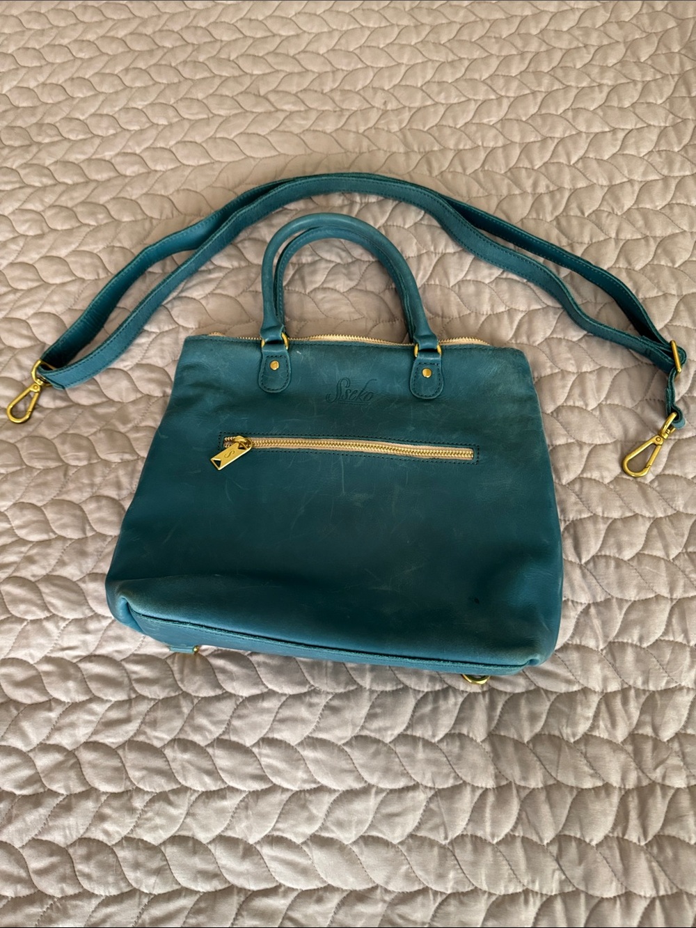 Sseko Teal Leather Satchel with Gold Hardware and Removable Strap